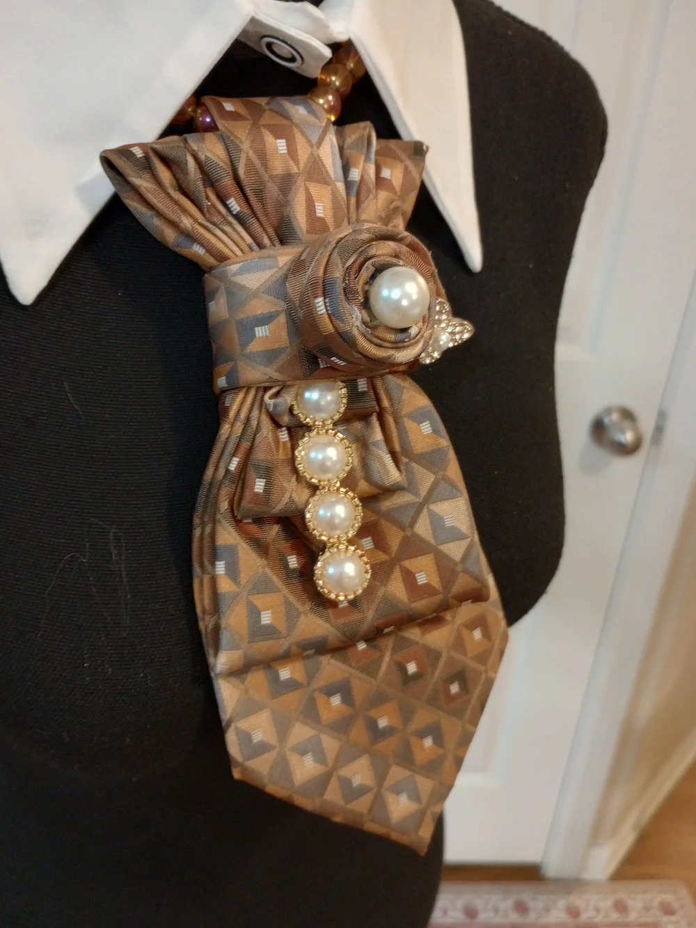 Women's Brown Geometric Statement Necklace Cravat with Pearl Accents